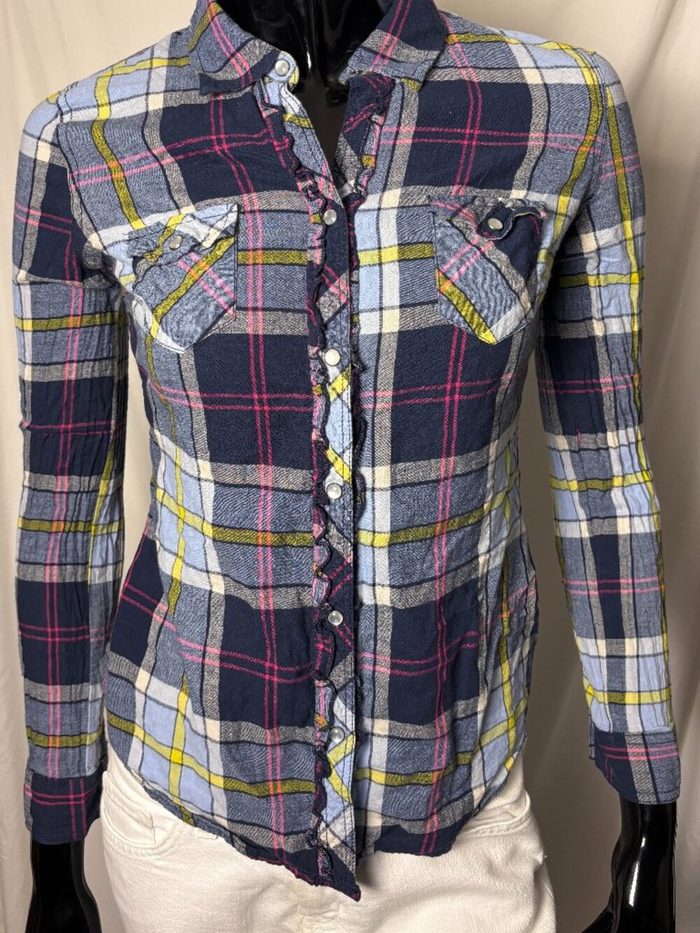 At Last Women’s Plaid Hooded Button-Up Tunic Shirt Blue/Pink Size US Large